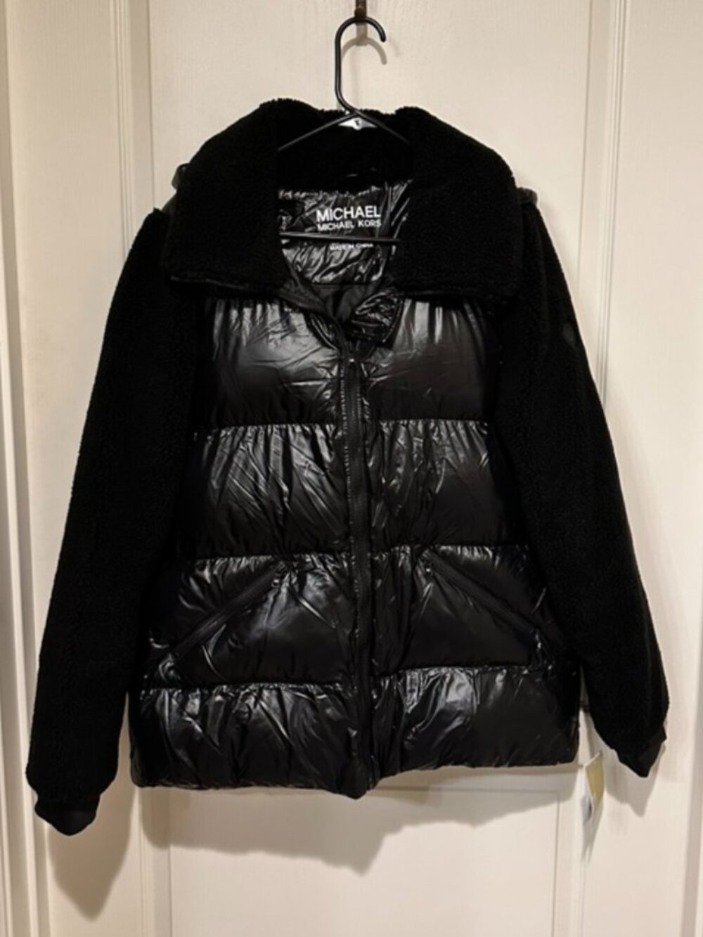 Michael Kors Sherpa-Sleeve Hooded Quilted Mixed Media Jacket - Size L